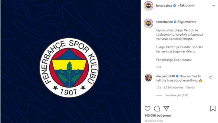 El Fenerbahçe anuncia que ha rescindido el contrato de Perotti en Instagram y éste les contesta