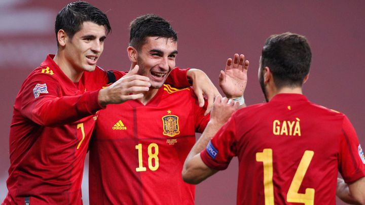 Los jugadores de la Selección Española celebra uno de los goles anotados a Alemania en la fase de clasificación de la UEFA Nations League.