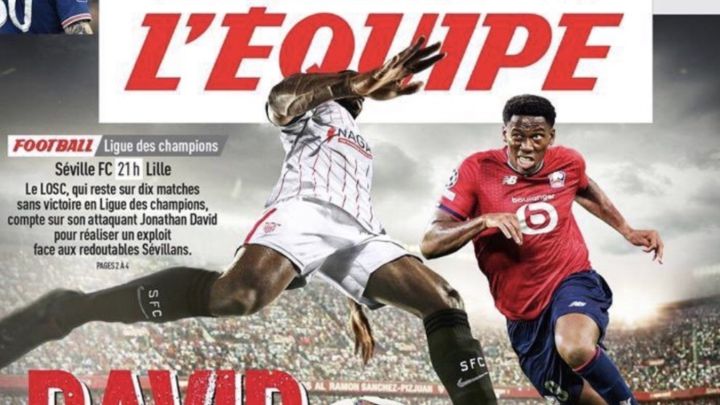 La portada de L'Equipe, dedicada al partido de Champions entre el Sevilla y el Lille, que llega con la amenaza de su máximo goleador Jonathan David.