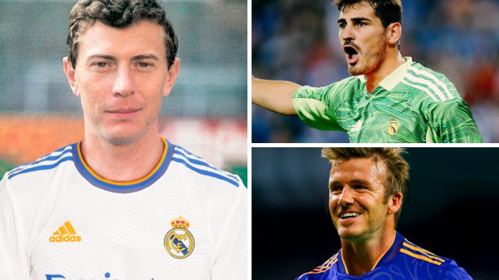 Butragueño, Casillas y Beckham, con las actuales equipaciones del Real Madrid.