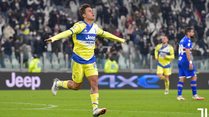 Paulo Dybala, jugador de la Juventus, celebra su gol contra la Sampdoria en copa.