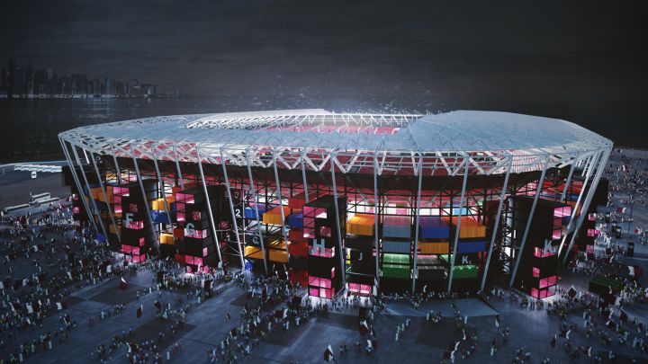 Proyección de como va a ser el estadio Ras Abu Aboud para el Mundial de Qatar 2022.