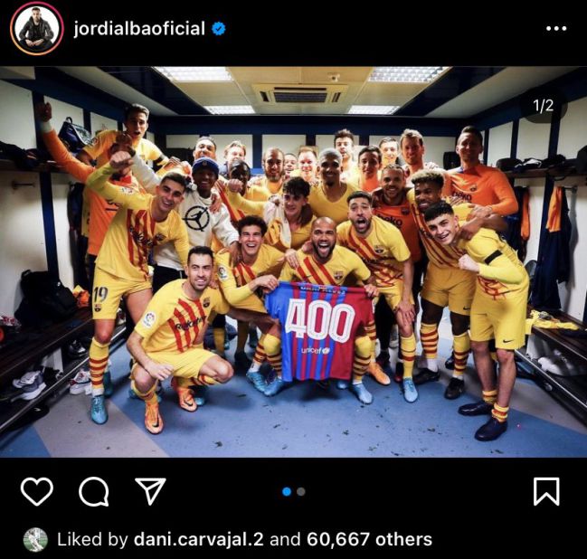 La imagen de Jordi Alba con el 'Like' de Carvajal, que poco después desapareció.