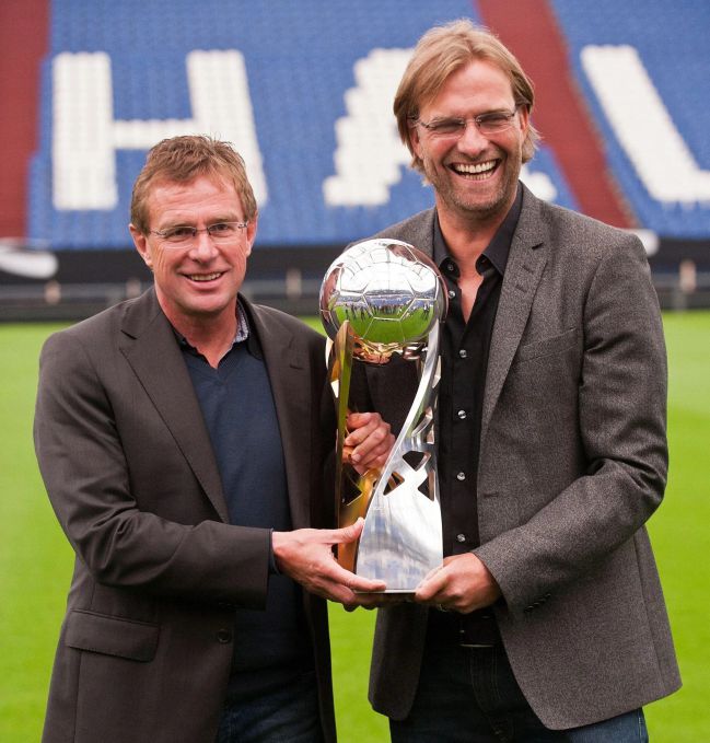 Ralf Rangnick y Jürgen Klopp levantan un título durante su etapa en la Bundesliga.