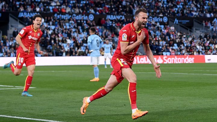 Borja Mayoral celebra el segundo gol anotado ante el Celta en Balaídos.