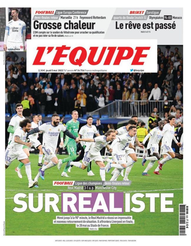 Portada de L'Équipe hoy, 5 de mayo de 2022.