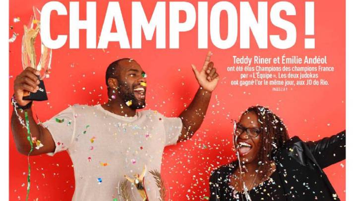 Los judokas Teddy Riner y Emilie Andéol celebran en la portada de L´Équipe del 26 de diciembre el título de "campeón de campeones". 