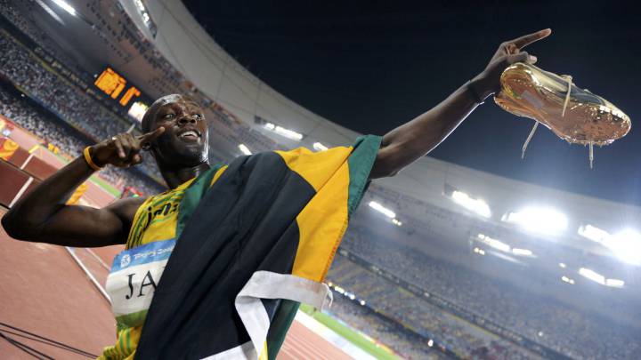 Usain Bolt celebra el título del relevo 4x100 de Jamaica en los Juegos Olímpicos de Pekín 2008.