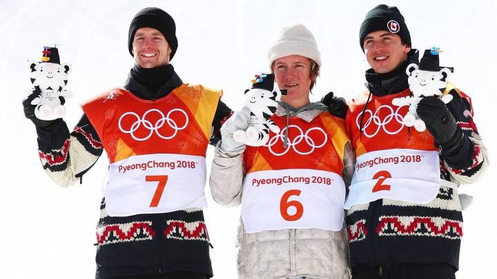 Max Parrot, plata, Redmond Gerard, oro y Mark McMorris bronce, podio en la prueba de slopestyle en los Juegos de PyeongChang. 