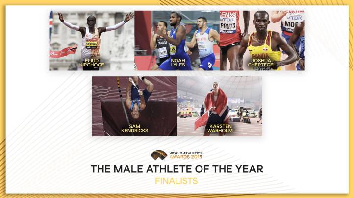 Eliud Kipchoge, Noah Lyles, Joshua Cheptegei, Sam Kendricks y Karsten Warholm, los candidatos al premio al Atleta del Año 2019.