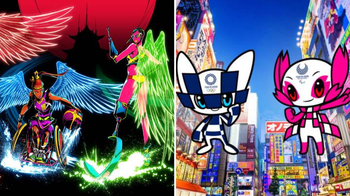 A la izquierda, la carátula del videojuego y a la derecha, las mascotas de Tokio 2020.