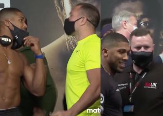 El saludo con choque de puños entre dos pesos pesados que hizo saltar a la seguridad: Joshua y Pulev vacilándose en el pesaje