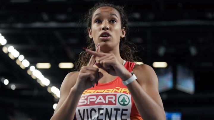María Vicente, tras la prueba de 60 metros vallas en el heptatlón de los Europeos de Pista Cubierta de Torun.
