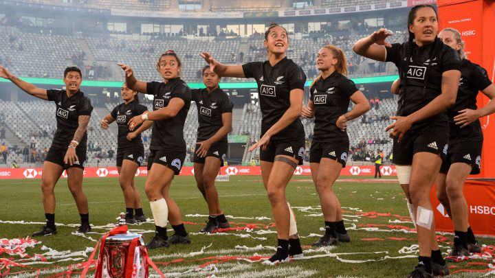 Players from the New Zealand women's rugby sevens team perform the haka after winning the 2019 World Series after beating Australia in the final.
