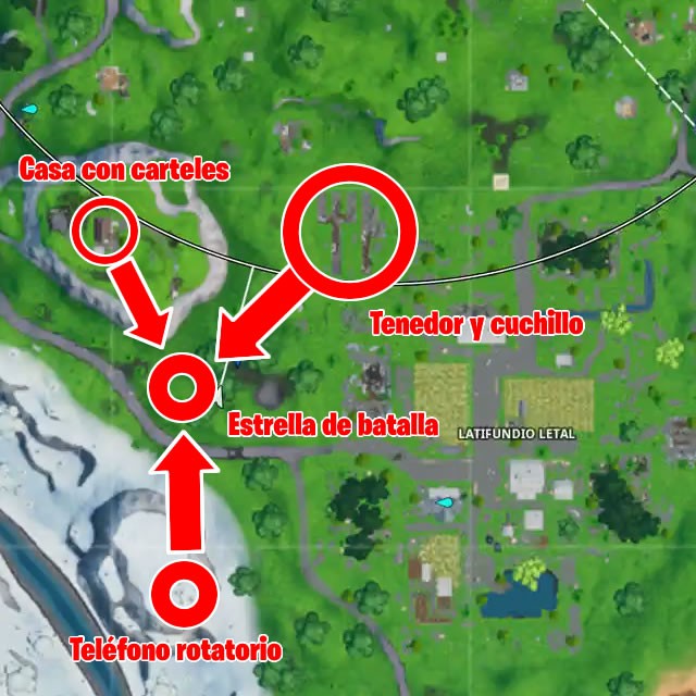 fortnite battle royale temporada 10 temporada x desafios taquillazo desafio busca entre un telefono rotatorio un tenedorillo y una casa en la colina llena de carteles de carburo y omega mapa