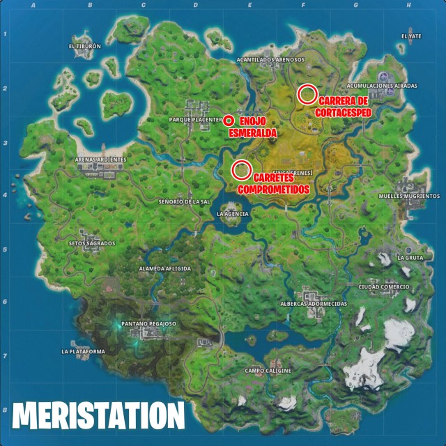 fortnite capitulo 2 temporada 2 desafios juicio de tntina desafio visita enojo esmeralda carrera de cortacesped y carretes comprometidos mapa