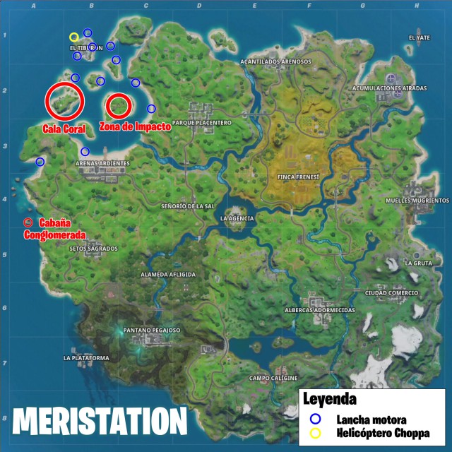 fortnite capitulo 2 temporada 2 desafios travesuras de miausculos desafio visita cala coral cabaña conglomerada y zona del impacto sin nadar en una misma partida mapa