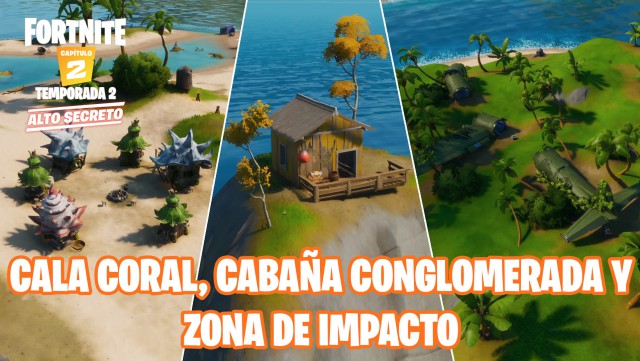 fortnite capitulo 2 temporada 2 desafios travesuras de miausculos desafio visita cala coral cabaña conglomerada y zona del impacto sin nadar en una misma partida