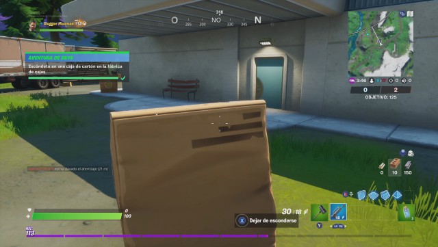 fortnite capitulo 2 temporada 2 desafios aventura de skye desafio escondete en una caja de carton en la fabrica de cajas