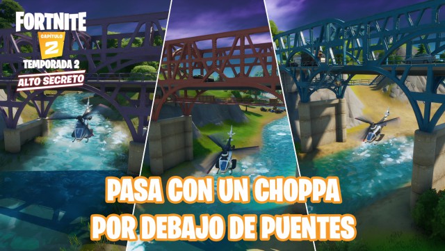 fortnite capitulo 2 temporada 2 desafios aventura de skye desafio vuela con un choppa bajo el puente de acero purpura rojo y azul