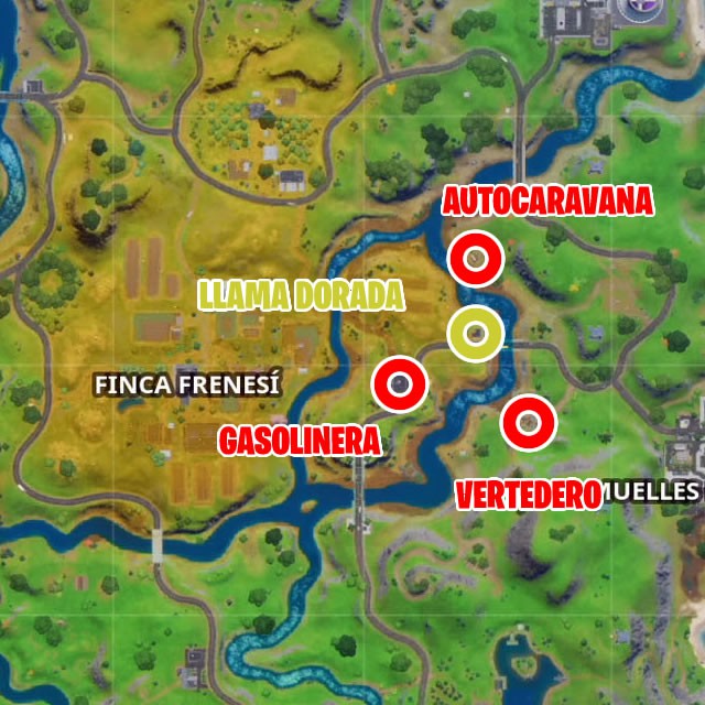 fortnite capitulo 2 temporada 2 desafios mision de midas desafio busca la llama de oro de midas entre un vertedero una gasolinera y un campamento de autocaravanas mapa