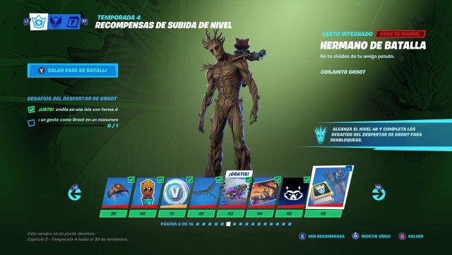 fortnite capitulo 2 temporada 4 desafios del despertar groot desafio alcanza el nivel 46 del pase de batalla