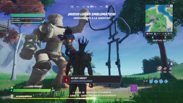 fortnite capitulo 2 temporada 4 desafios del despertar groot desafio usa un gesto como groot en un monumento a la amistad