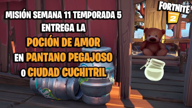 fortnite capitulo 2 temporada 5 desafios misiones semana 11 desafio mision entrega la pocion de amor en pantano pegajoso o ciudad cuchitril