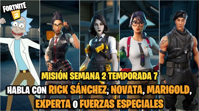 fortnite capitulo 2 temporada 7 desafios misiones semana 2 desafio mision habla con rick sanchez novata marigold experta o fuerzas especiales