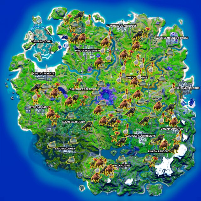 fortnite capitulo 2 temporada 8 animales salvajes cuervos lobos jabalies pollos ranas velocirraptores ubicaciones