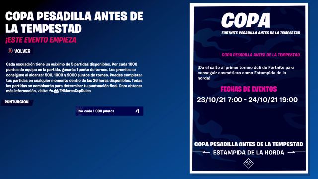 fortnite capitulo 2 temporada 8 copa pesadilla antes de la tempestad estampida de la horda fechas horarios premios
