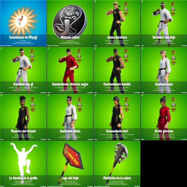 fortnite capitulo 3 temporada 1 colaboracion cobra kai skins objetos
