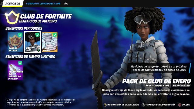 fortnite capitulo 3 temporada 1 skin slone sigilo nevado club de fortnite enero 2022