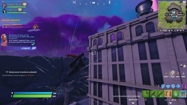 fortnite capitulo 3 temporada 1 semana salvaje 2 semana de telarañas increibles desafios misiones desafio mision balanceate 10 veces con los lanzatelarañas de spider-man antes de aterrizar