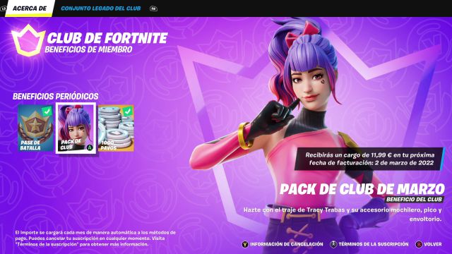club de fortnite marzo 2022 skin tracy trabas