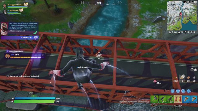 fortnite capitulo 3 temporada 1 desafios misiones semana 13 desafio mision usa los lanzatelarañas de spider-man y balanceate por debajo de un arco en arco desertico viaducto vasto o puente cubierto