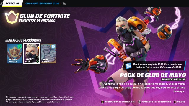 club de fortnite mayo 2022 skin zurda