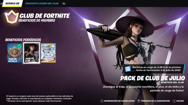 club de fortnite julio 2022 nueva skin fedra como conseguirla
