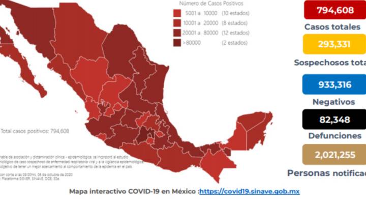 Mapa, muertes y casos de coronavirus en México por estado hoy 7 de octubre