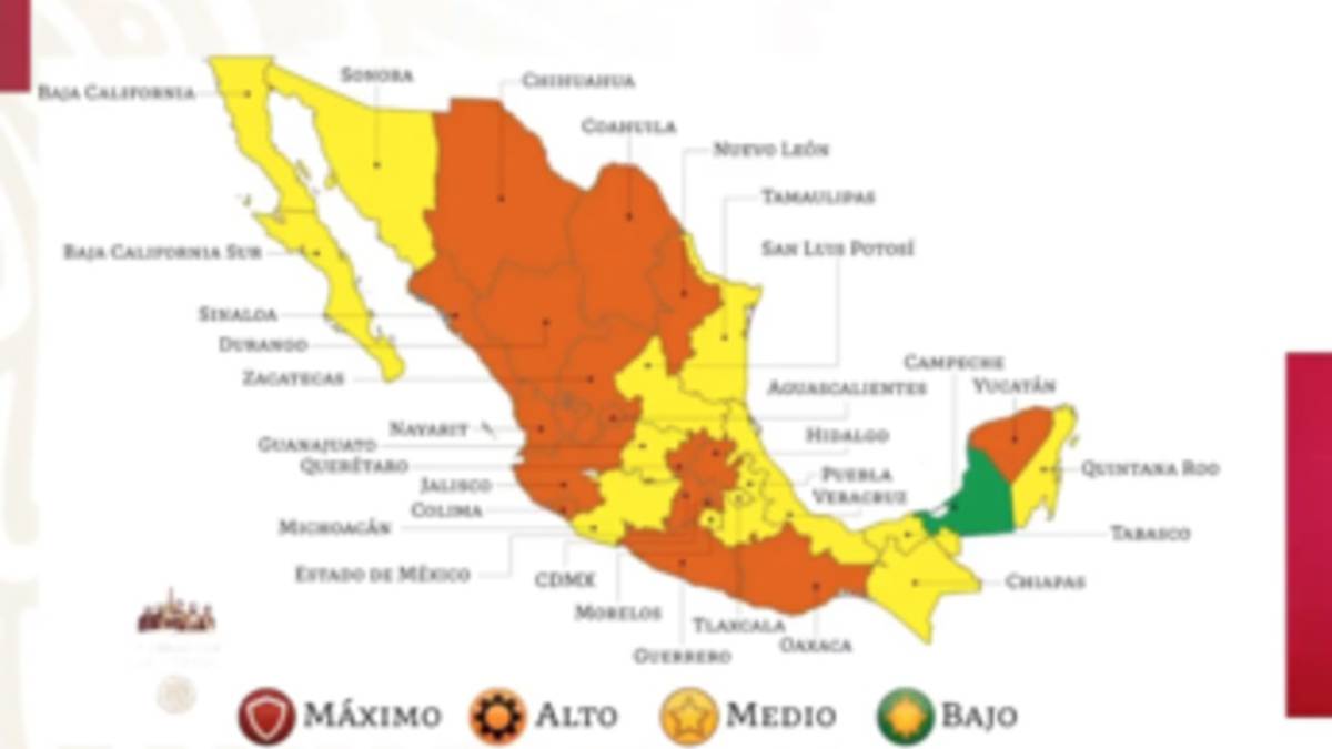 Mapa del semÃ¡foro epidemiolÃ³gico en MÃ©xico del 12 al 25 de