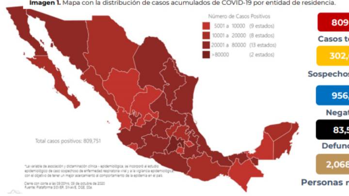 Mapa, muertes y casos de coronavirus en México por estado hoy 10 de octubre