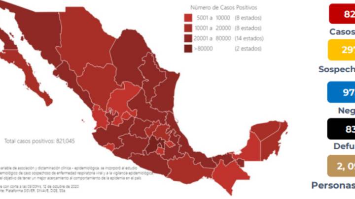 Mapa, muertes y casos de coronavirus en México por estado hoy 13 de octubre