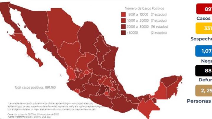 Mapa, muertes y casos de coronavirus en México por estados hoy 26 de octubre