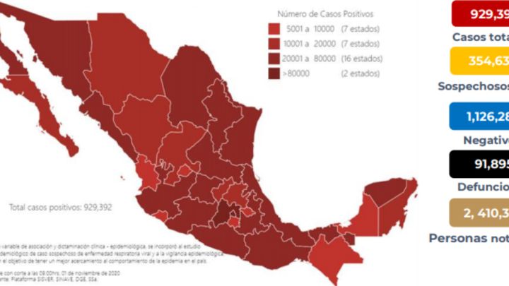 Mapa, muertes y casos de coronavirus en México por estado hoy 2 de noviembre