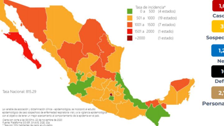 Mapa, muertes y casos de coronavirus en México por estados hoy 23 de noviembre