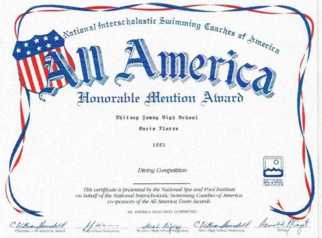 Certificado de la NISCA a Mario Flores por sus habilidades en el trampolín de clavados