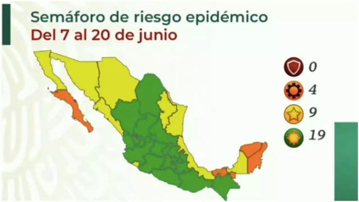 Mapa del semáforo epidemiológico en México del 7 al 20 de junio
