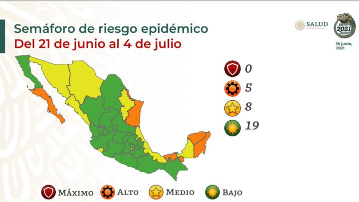 Mapa del semáforo epidemiológico en México del 21 de junio al 4 de julio