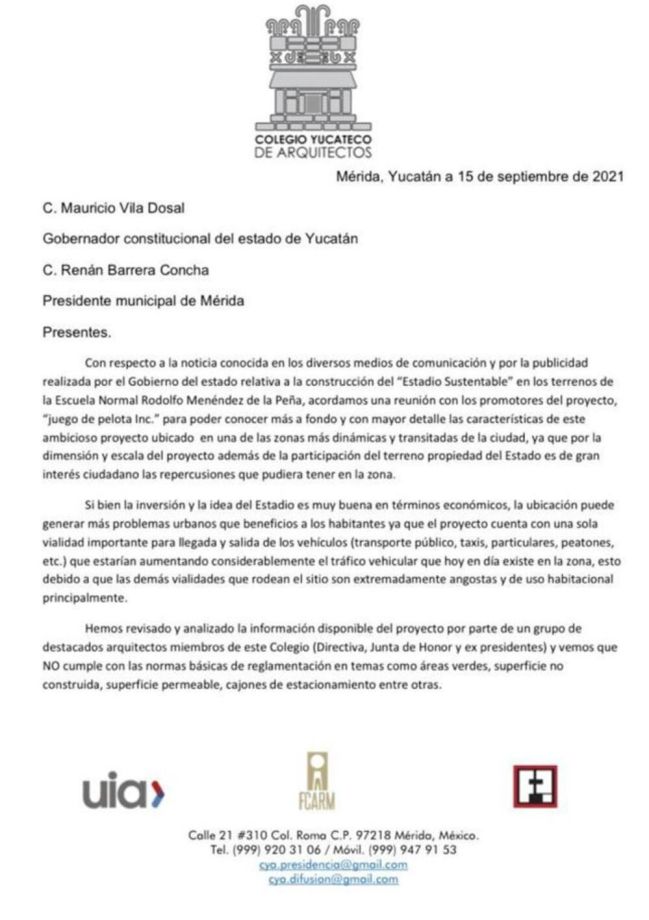 Carta del Colegio Yucateco de Arquitectos en contra de la construcción del ESY
