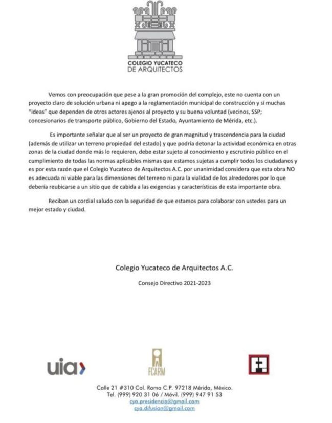 Carta del Colegio Yucateco de Arquitectos en contra de la construcción del ESY